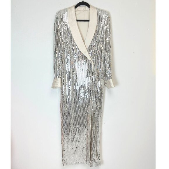 Women’s White & Silver Sequin Vintage Full-Length Jacket Dress - Picture 1 of 12